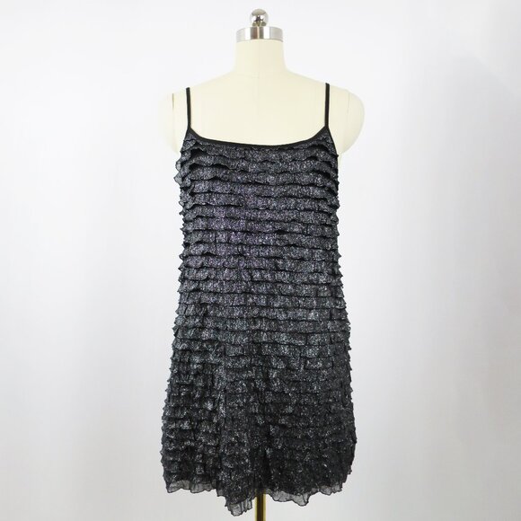 Free People Rows of Ruffles Dress Black Glitter Cascade Ruffle Slip Dress M NWOT - Picture 1 of 16